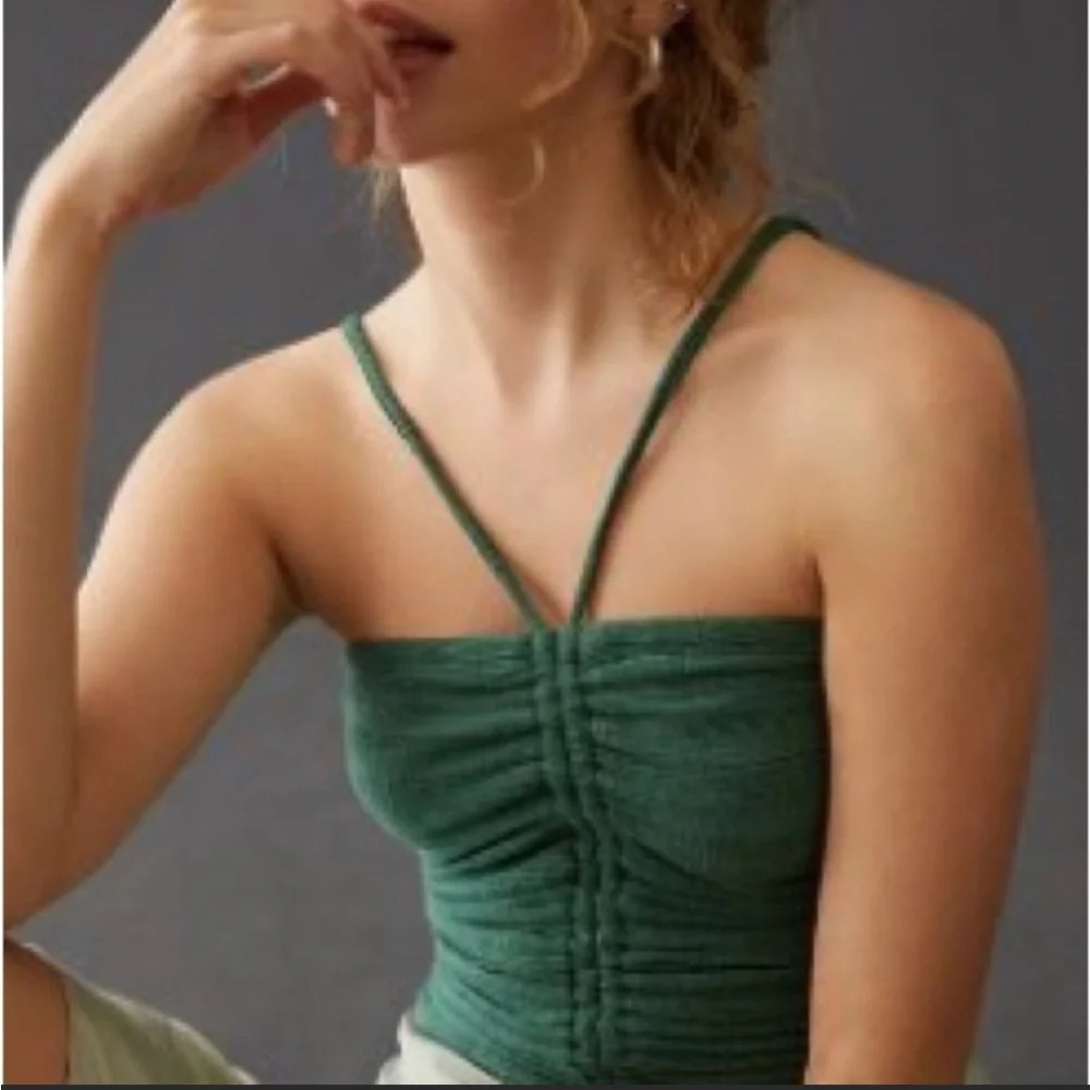 NWT Anthropologie Pilcro Ruched Ribbed Halter Top - Green - size XXS - Picture 2 of 14